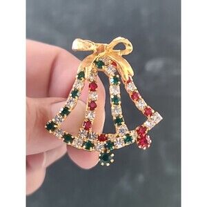 Christmas Bells Red & Green Rhinestone Gold Tone Brooch Vintage Costume Jewelry
